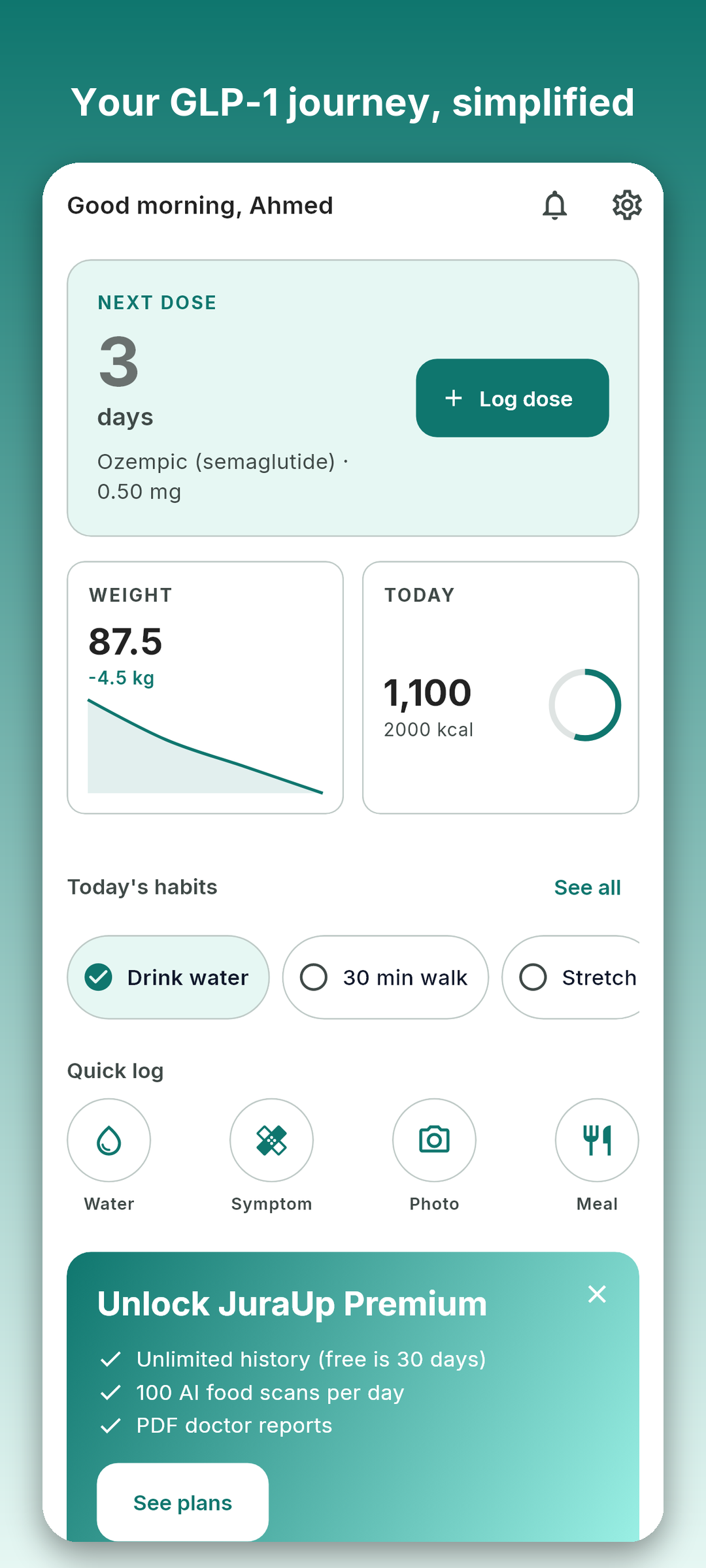 JuraUp app home screen showing dose countdown, weight chart, and nutrition summary.